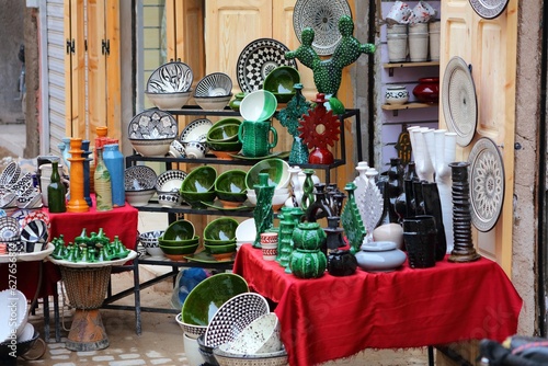 Marrakech street market artisanal products in Morocco. Moroccan handicraft ceramics in the souk.