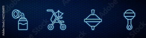 Set line Whirligig toy, Breast pump, Baby stroller and Rattle baby. Glowing neon icon on brick wall. Vector