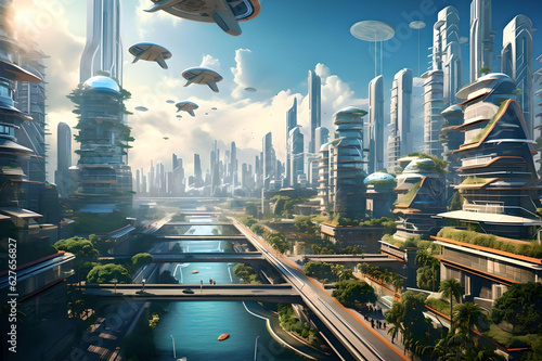 A futuristic cityscape with autonomous vehicles, flying cars, and towering skyscrapers.
 photo