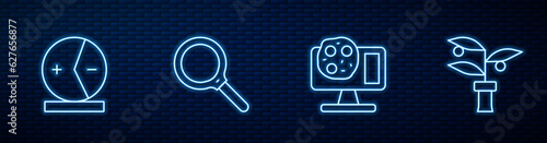 Set line Genetic engineering, Atom, Magnifying glass and Plant breeding. Glowing neon icon on brick wall. Vector