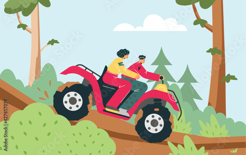 Happy boy and girl riding on quad bike together flat style  vector illustration