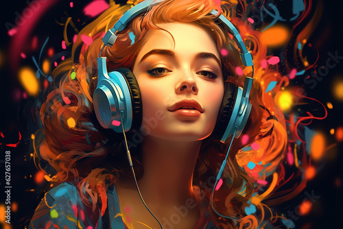 Pretty trendy teen girl listening to music with headphones, illustration