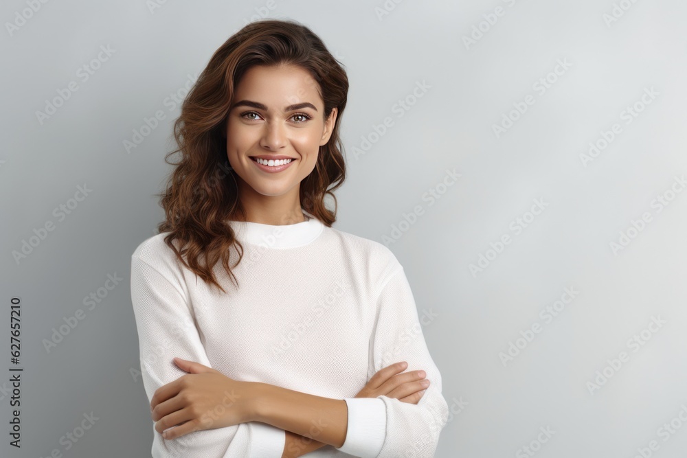 Portrait of young happy woman looks in camera. Skin care beauty, skincare cosmetics, dental concept isolated over white background. Portrait of young happy woman looks in camera. Skin care beauty, skincare cosmetics, dental concept isolated over white background.