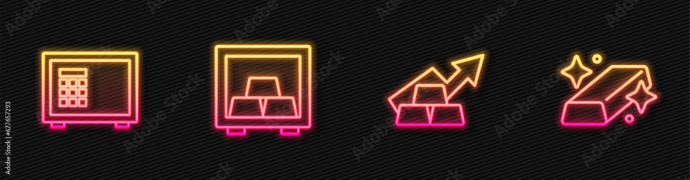 Set line Growth arrow with gold bars, Safe, and Gold. Glowing neon icon. Vector Set line Growth arrow with gold bars, Safe, and Gold. Glowing neon icon. Vector