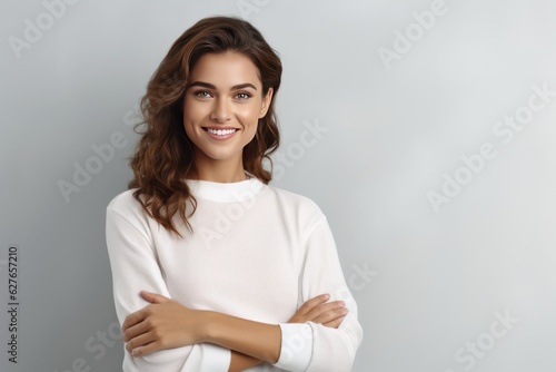 Portrait of young happy woman looks in camera. Skin care beauty, skincare cosmetics, dental concept isolated over white background.