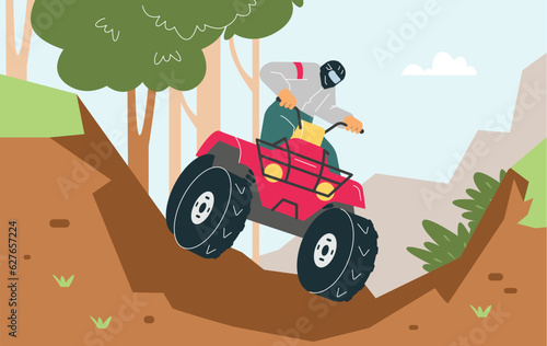 Man in helmet rides off-road on quad bike scene flat style