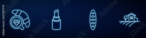 Set line French baguette bread, Coffee cup with croissant, Lipstick and Village landscape. Glowing neon icon on brick wall. Vector