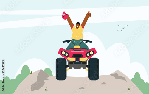 Red quad bike with black man raised hands, took off helmet off-road driving on the mountain vector cartoon illustration