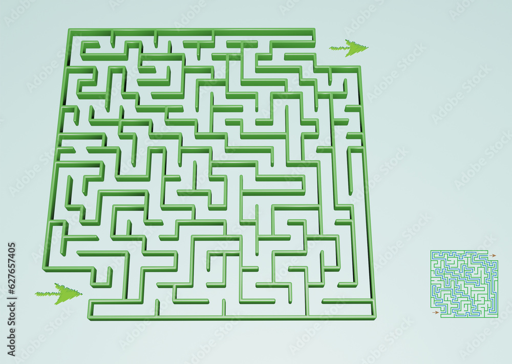 Maze game with solution. Find a path from the arrow. 3D render. Volume effect. Maze game with solution. Find a path from the arrow. 3D render. Volume effect.