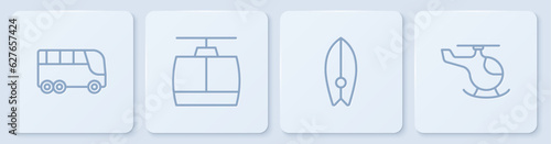 Set line Bus, Surfboard, Cable car and Helicopter. White square button. Vector