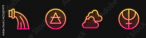 Set line Cloudy weather, Aquarius zodiac, Air element and Neptune planet. Glowing neon icon. Vector