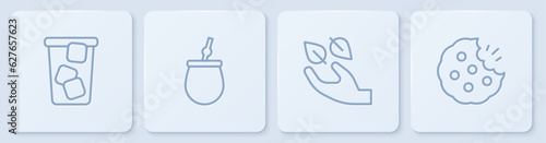 Set line Ice tea, Tea leaf in hand, Mate and Cookie or biscuit. White square button. Vector