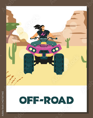 Vector poster with purple quad bike with woman off-road driving in wild nature, extreme sport, outdoor adventure concept