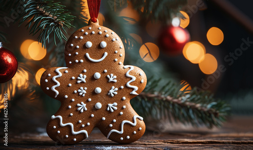 Gingerbread man cookie hanging in decorative Christmas tree. bokeh lights with copy space Decoration in festival period. Closeup magic and fairy tree as colorful background or wallpaper New Year