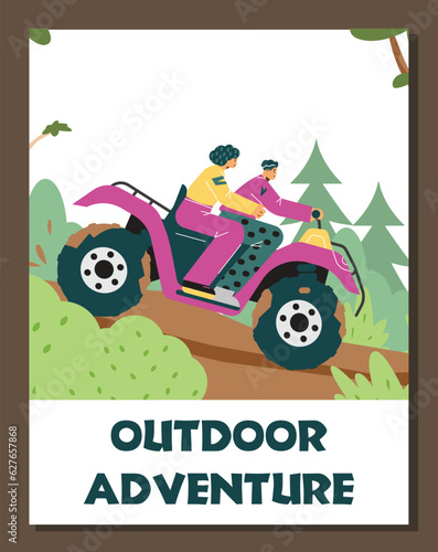 Vector poster with purple Quad bike with people off-road driving in the forest, extreme sport, outdoor adventure concept