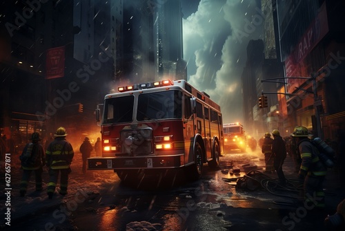 A fire truck is on the way to help people. Stock Photo generated by Ai