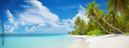 Beautiful beach with white sand  turquoise ocean  green palm trees and blue sky with clouds on Sunny day. Summer tropical landscape  panoramic view