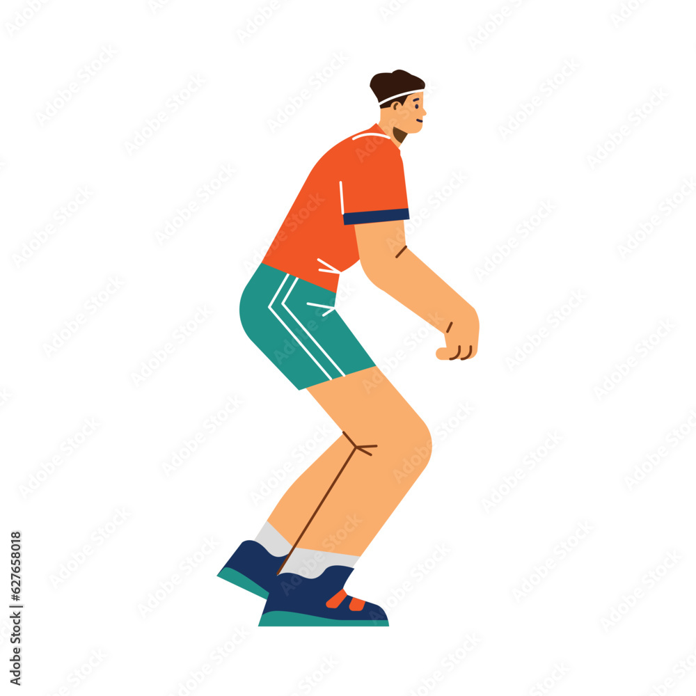 Smiling young man stands on half-bent legs side view flat style, vector illustration Smiling young man stands on half-bent legs side view flat style, vector illustration