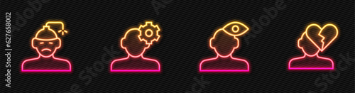 Set line Solution problem in psychology, Concussion, headache, and Broken heart or divorce. Glowing neon icon. Vector
