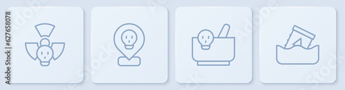 Set line Radioactive, Mortar and pestle, in location and waste barrel. White square button. Vector