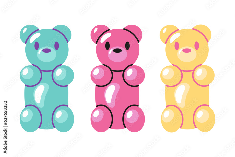 Obraz premium Jelly gummy bears, cartoon style. Sweet candy food. Trendy modern vector illustration isolated on white background, hand drawn, flat design