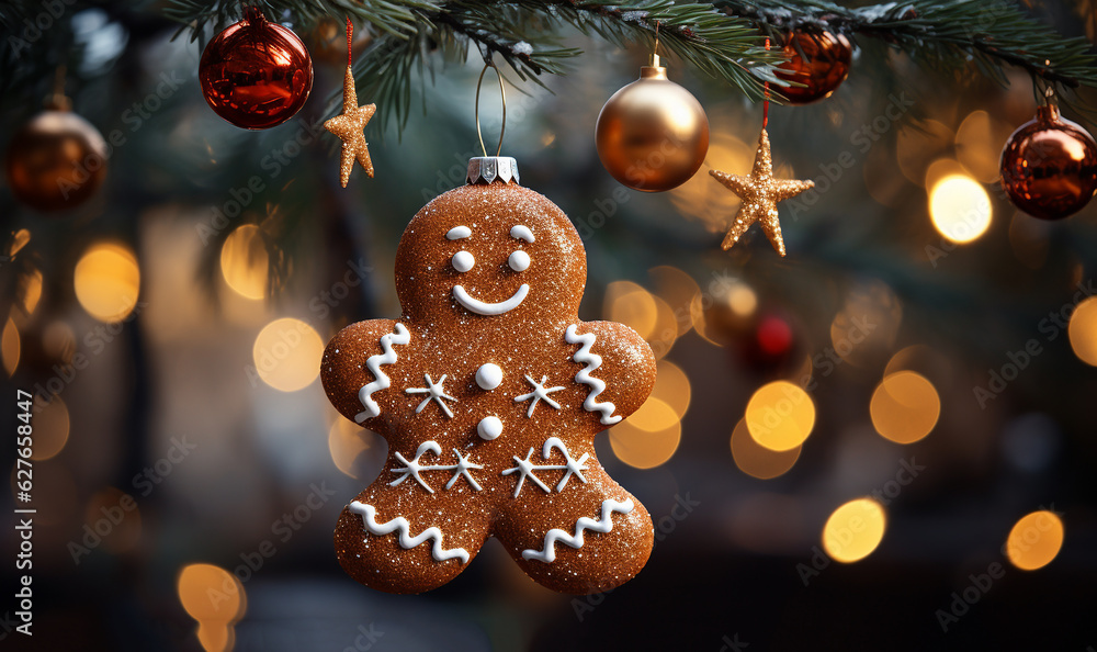 Gingerbread man cookie hanging in decorative Christmas tree. bokeh lights with copy space Decoration in festival period. Closeup magic and fairy tree as colorful background or wallpaper New Year Gingerbread man cookie hanging in decorative Christmas tree. bokeh lights with copy space Decoration in festival period. Closeup magic and fairy tree as colorful background or wallpaper New Year
