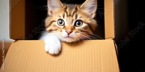 Cute tabby cat is sitting in a cardboard box and smiling