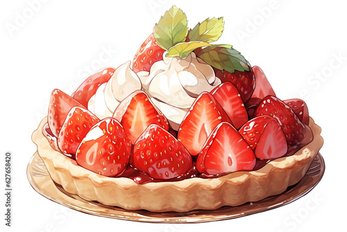 A delicate strawberry tart with a dollop of cream. isolated object, transparent background
