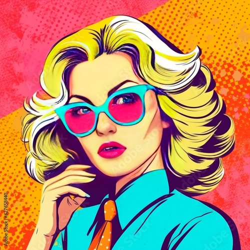 Colorful pop art retro style pretty blonde young business woman generative ai