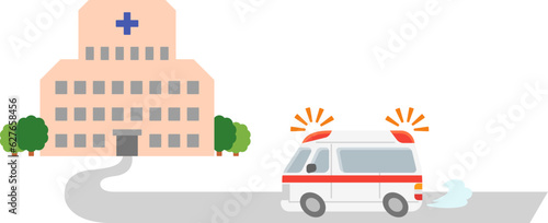 働く車・病院へ向かって緊急走行する救急車　イラスト.