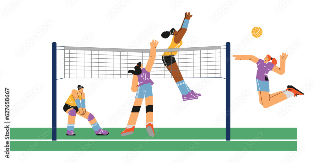 Happy young women playing volleyball scene flat style, vector illustration