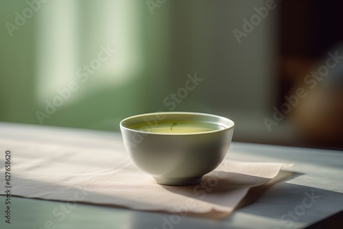 Freshly brewed green leaf tea in ceramic cup on the table