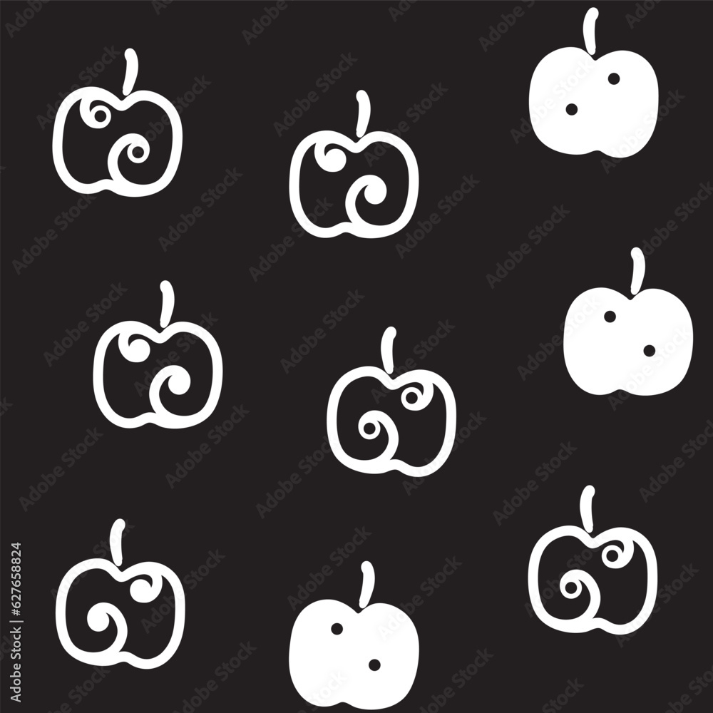 White apples contour and silhouettes on black background. Seamless vector pattern. White apples contour and silhouettes on black background. Seamless vector pattern.