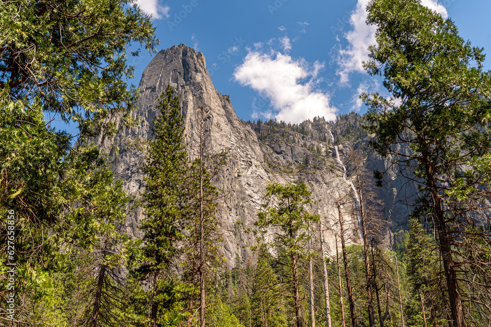 Landscape with waterfall in Yosemite Valley.