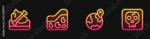 Set line Location on the globe, Archeology, Ground and . Glowing neon icon. Vector