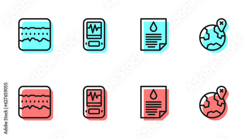 Set line Oil drop document, Soil ground layers, Seismograph and Location on the globe icon. Vector