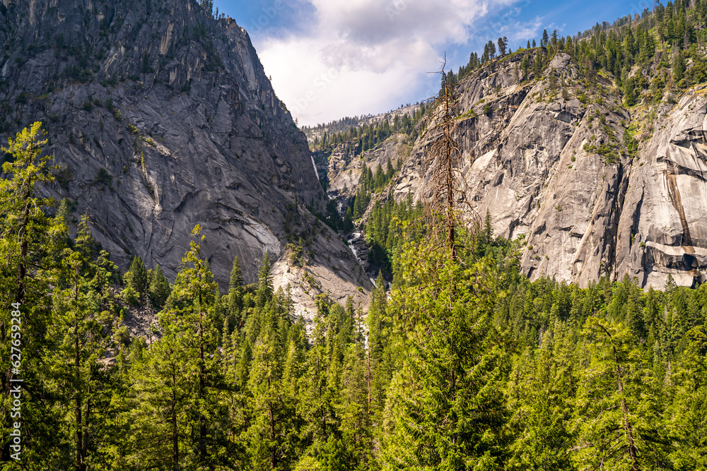 Landscape with waterfall in Yosemite Valley.