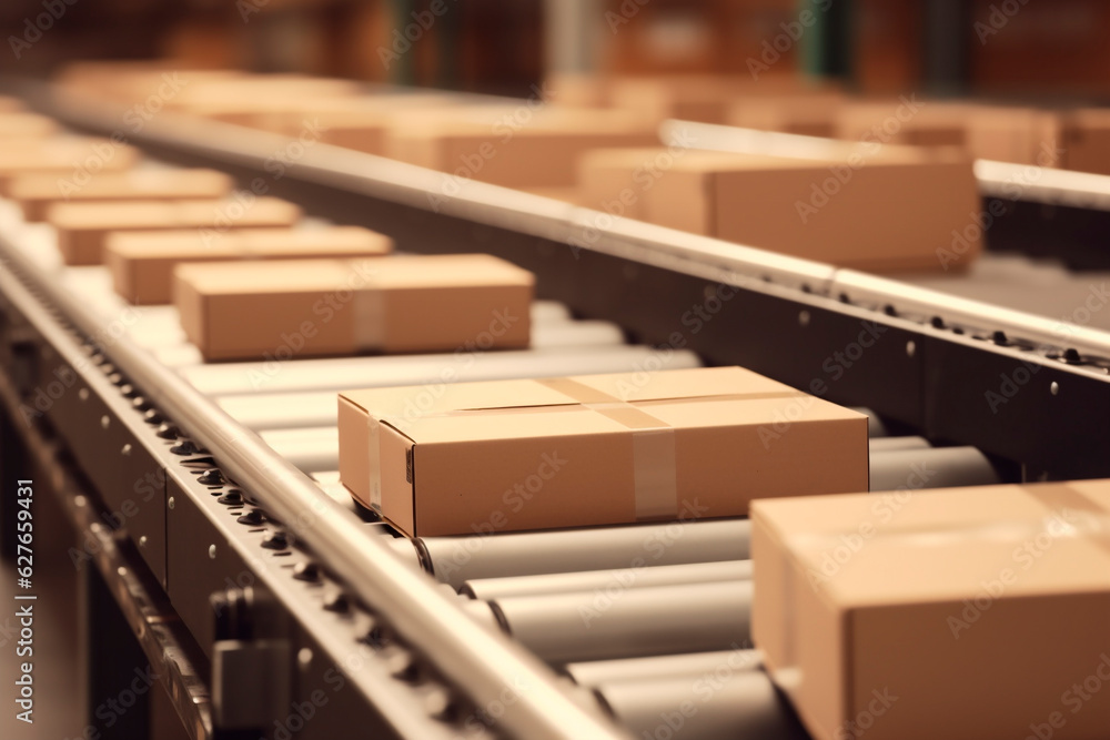 Multiple cardboard box packages moving along a conveyor belt in a warehouse center. E-commerce concept, delivery, automation and products. Generative AI. Multiple cardboard box packages moving along a conveyor belt in a warehouse center. E-commerce concept, delivery, automation and products. Generative AI.