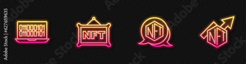 Set line NFT Digital crypto art, Binary code, and growth bar chart. Glowing neon icon. Vector