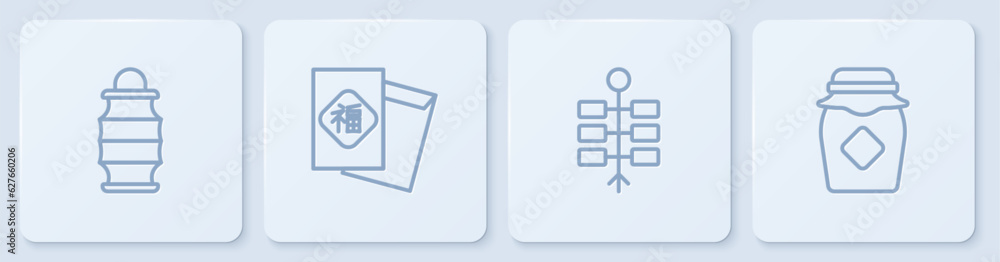 Set line Chinese paper lantern, Firework, New Year and Jar of honey. White square button. Vector Set line Chinese paper lantern, Firework, New Year and Jar of honey. White square button. Vector