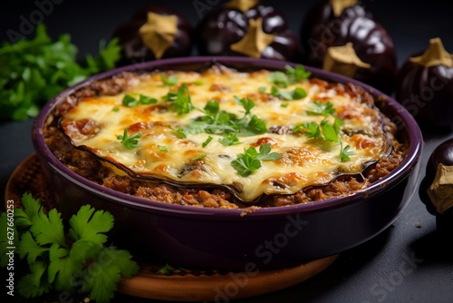 Moussaka: a Greek baked eggplant and meat dish, Generative Ai