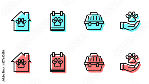 Set line Pet carry case, house, Calendar grooming and Hands with animals footprint icon. Vector