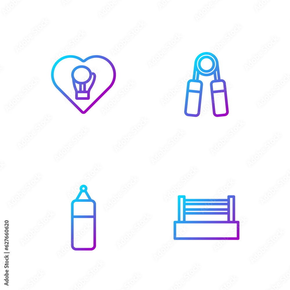Set line Boxing ring, Punching bag, glove and Sport expander. Gradient color icons. Vector Set line Boxing ring, Punching bag, glove and Sport expander. Gradient color icons. Vector