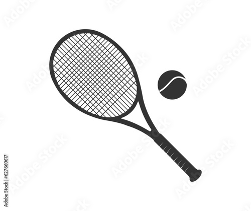 Single tennis racquet with a ball on white background logo design. Sport equipment. Big tennis concept vector design and illustration.  © BlazingDesigns