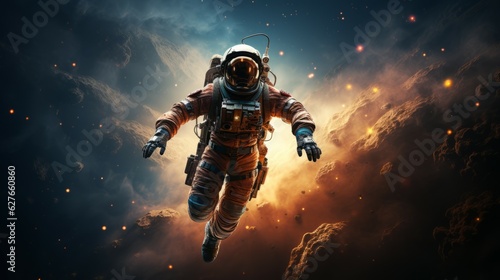 Futuristic astronaut in distant outer space. Astronaut in space. Space traveler on a cosmic journey. Science fiction art of a human cosmonaut walking on an unknown planet or asteroid. 3D rendering.