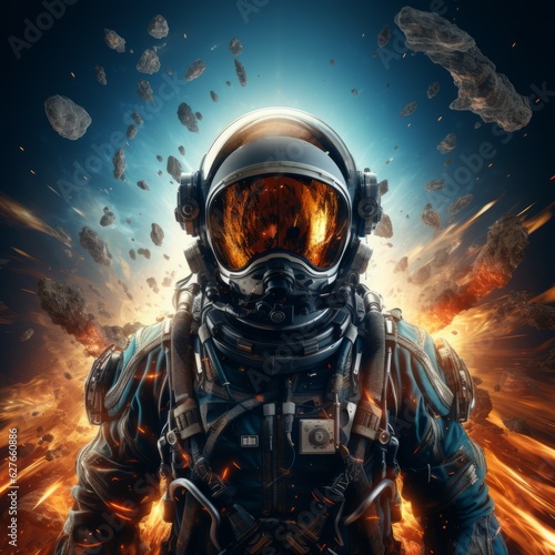 Closeup portrait of a futuristic astronaut in distant outer space. Astronaut in space. Space traveler on a cosmic journey. Science fiction art of a human cosmonaut drifting in cosmos. 3D rendering.