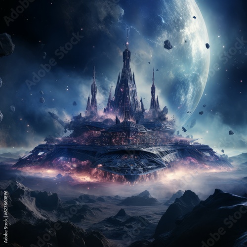 Futuristic spaceship in deep space with planets, stars, and asteroids. 3D rendering. Art of conceptual futuristic spacecraft drifting through space. Scavenger human colony.