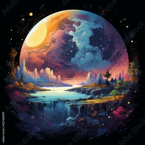 Fantasy landscape in the form of a planet. Vector illustration. Bright circular illustration of healthy wild nature. Ecology concept. Planet Earth with green grass and flowers.