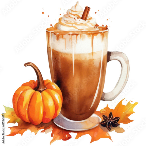 Pumpkin latte with cream, pumpkin spice cup of coffee watercolor illustration isolated with a transparent background, Thanksgiving season cappuccino design photo