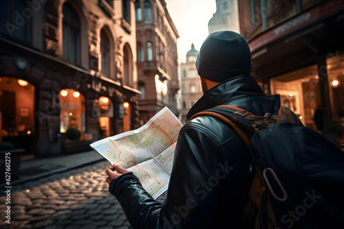 A person exploring a city and using a map